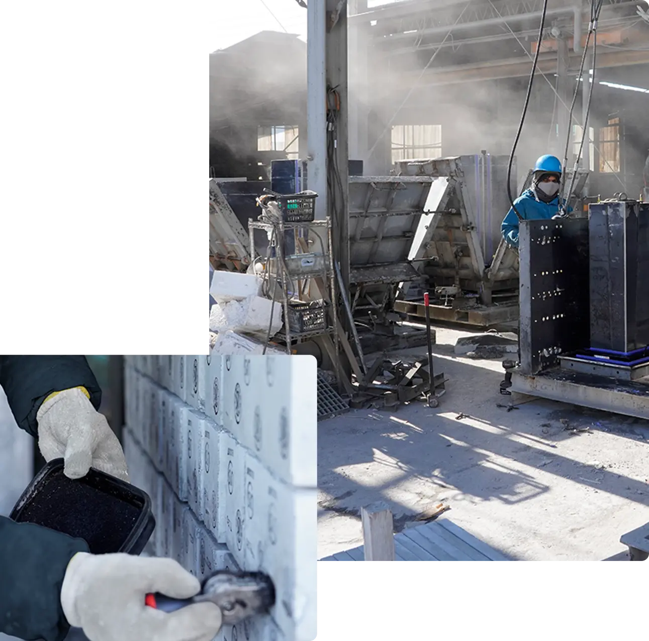 作業を行う作業員と製品に印をつけている工程の写真